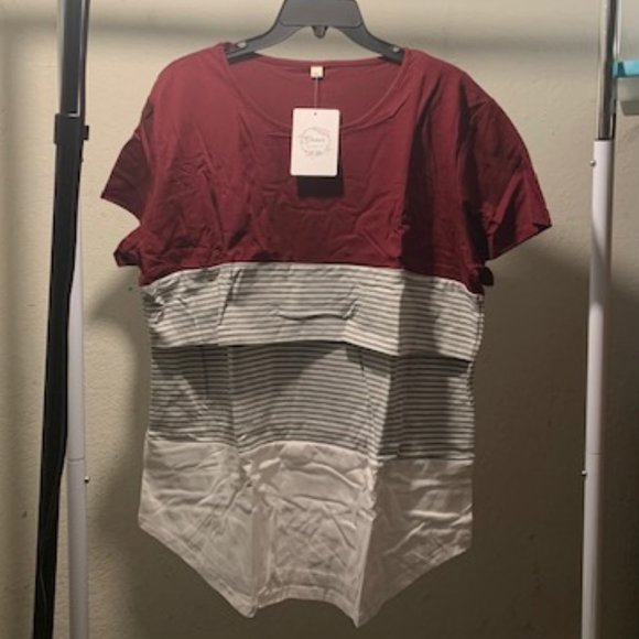 Glamix Maternity Women's Burgundy & Striped Short Sleeve Blouse XXL NWT - Picture 1 of 7